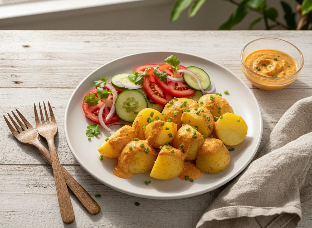 Batata com molho e salada de pepino e tomate photo