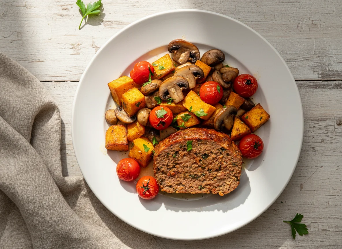 Batata Doce Assada com Cogumelos e Bolo de Carne photo