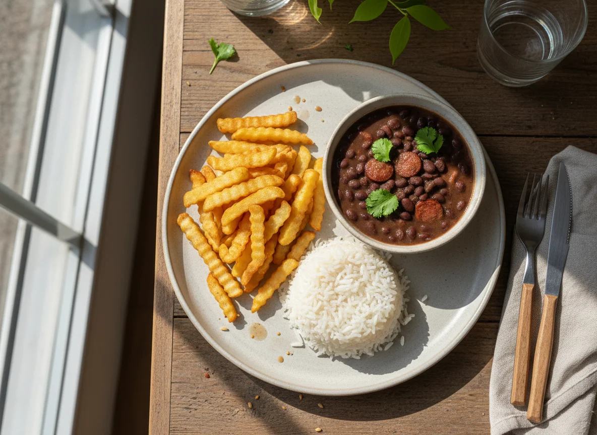 Batata frita com arroz e feijão photo