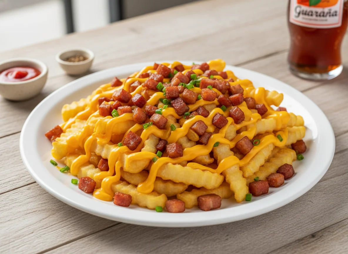 Batata frita com bacon e queijo photo