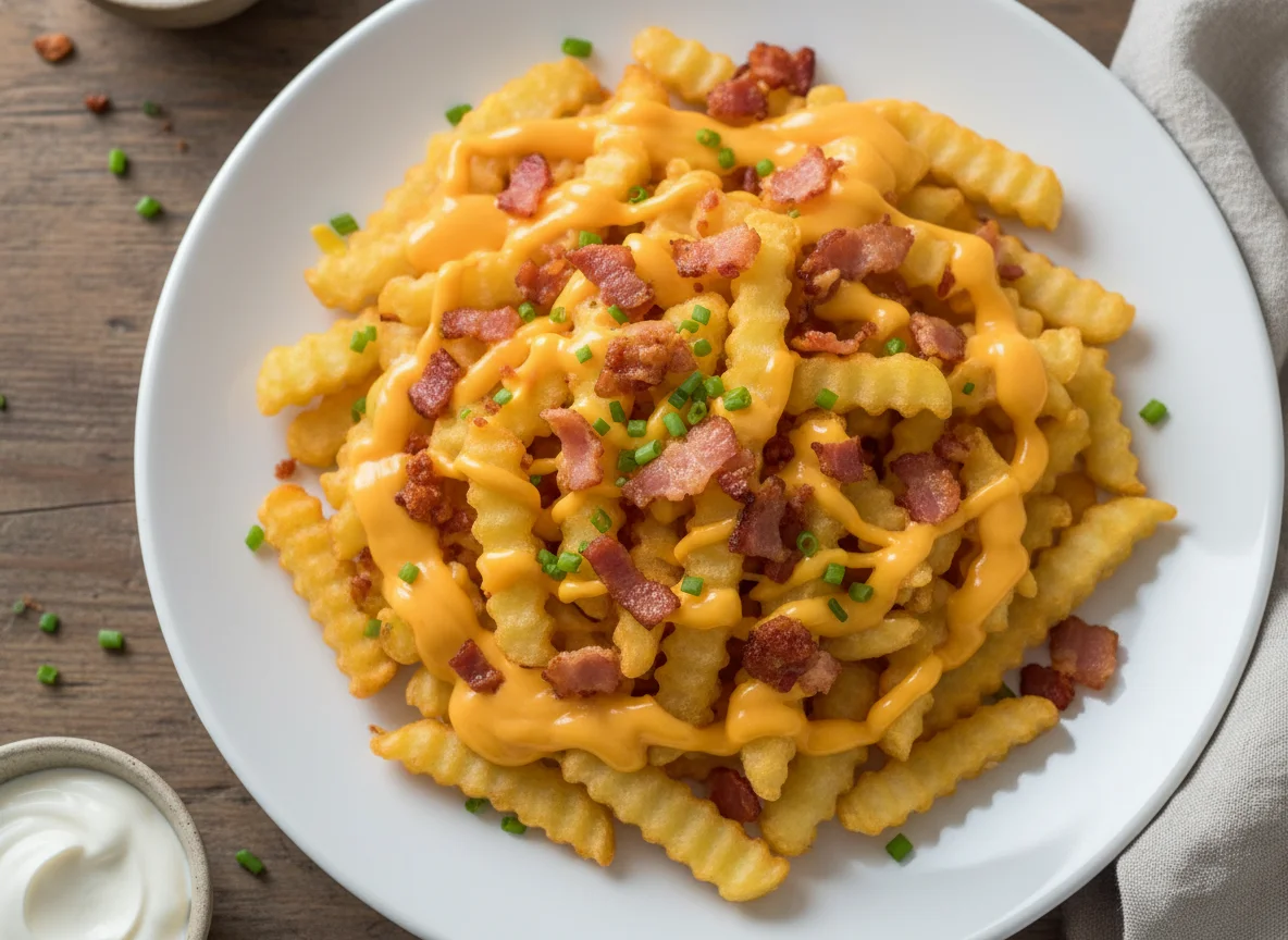 Batata frita com cheddar e bacon photo