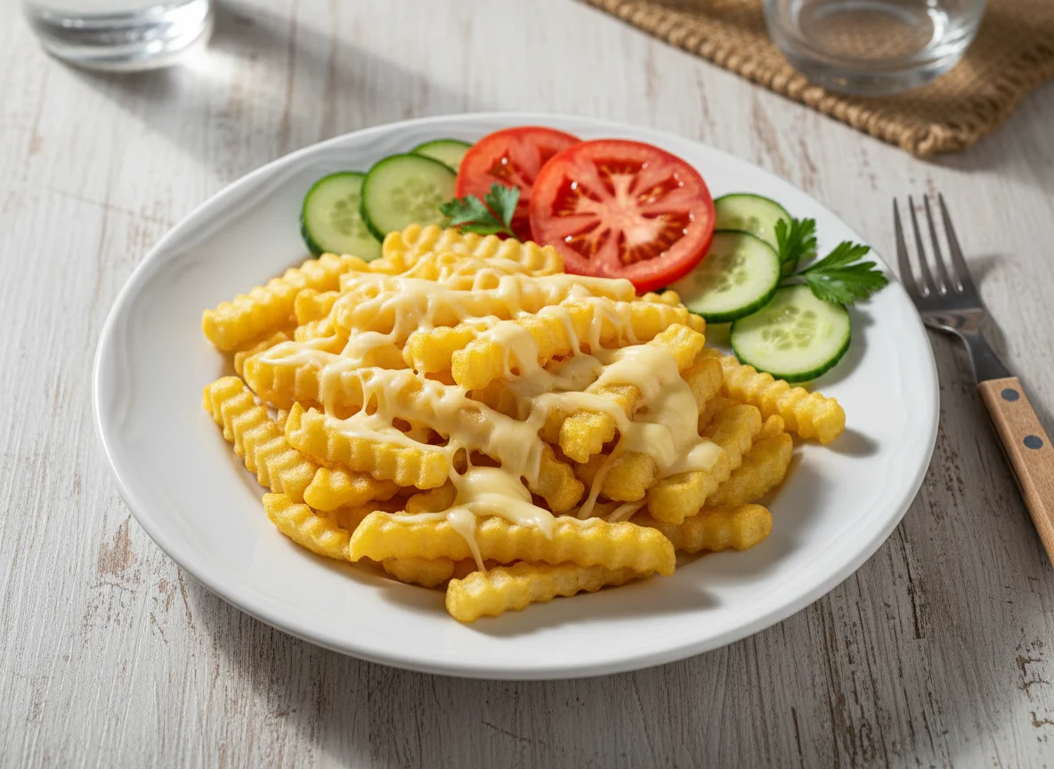 Batata frita com queijo e salada photo