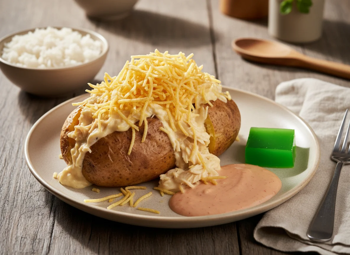 Batata recheada com batata palha e molho photo