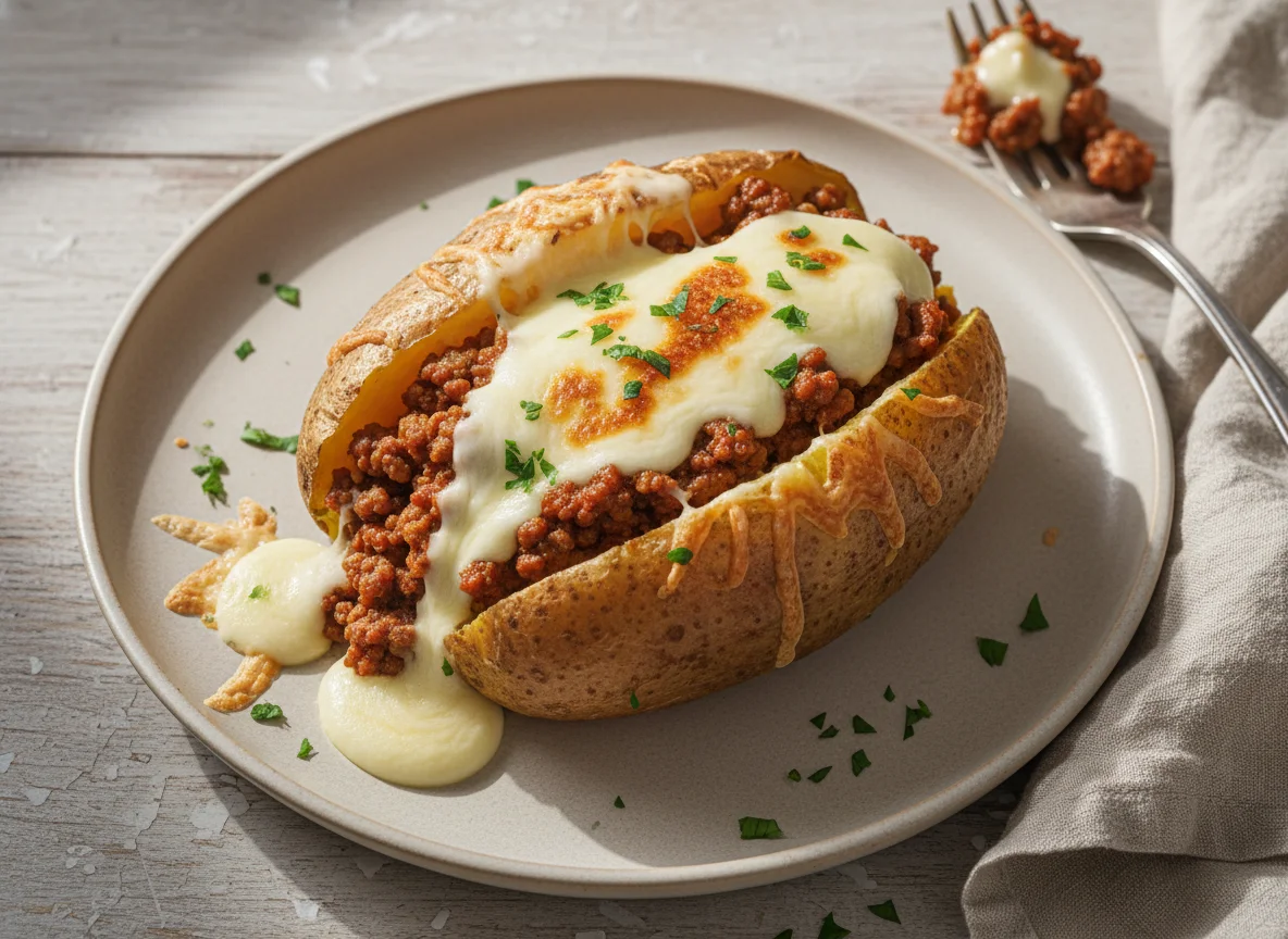 Batata Recheada com Carne Moída e Queijo photo
