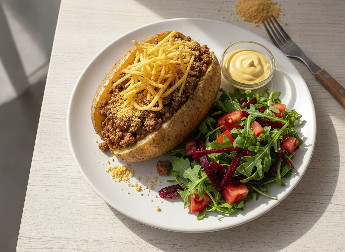 Batata Recheada com Carne Moída e Salada photo