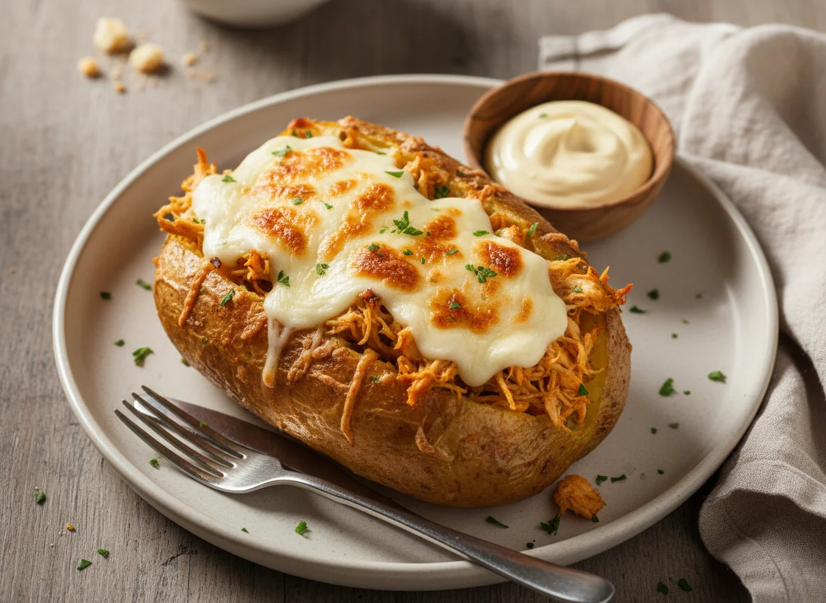 Batata recheada com frango e queijo photo