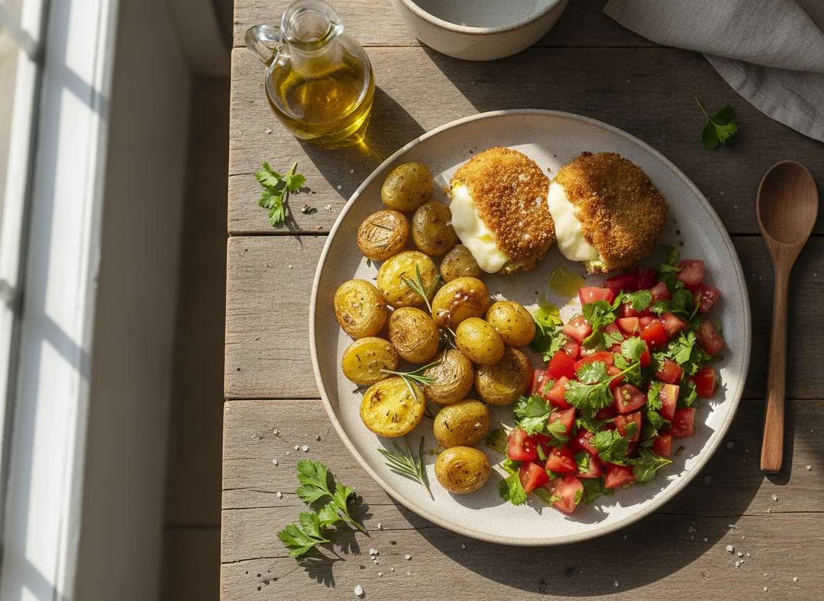 Batatas assadas com abobrinha recheada e salada de tomate photo