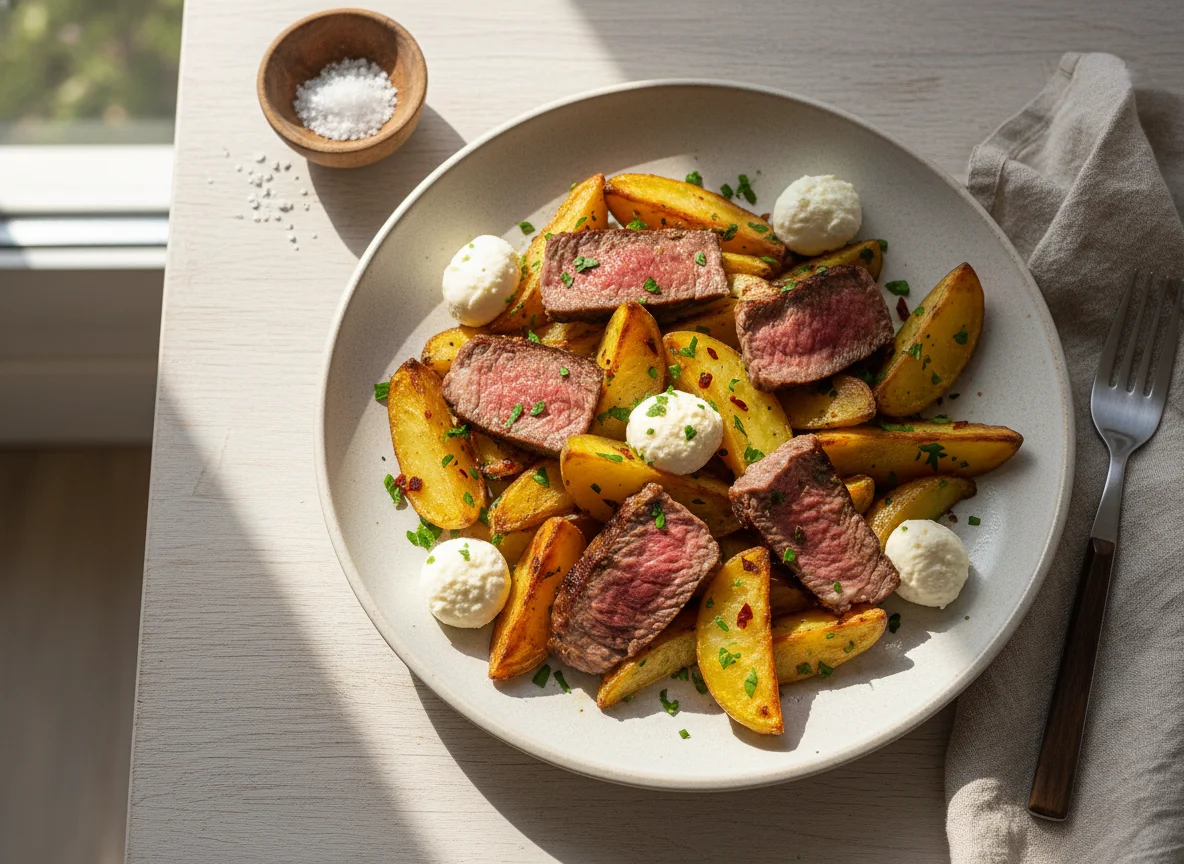 Batatas assadas com carne e queijo fresco photo