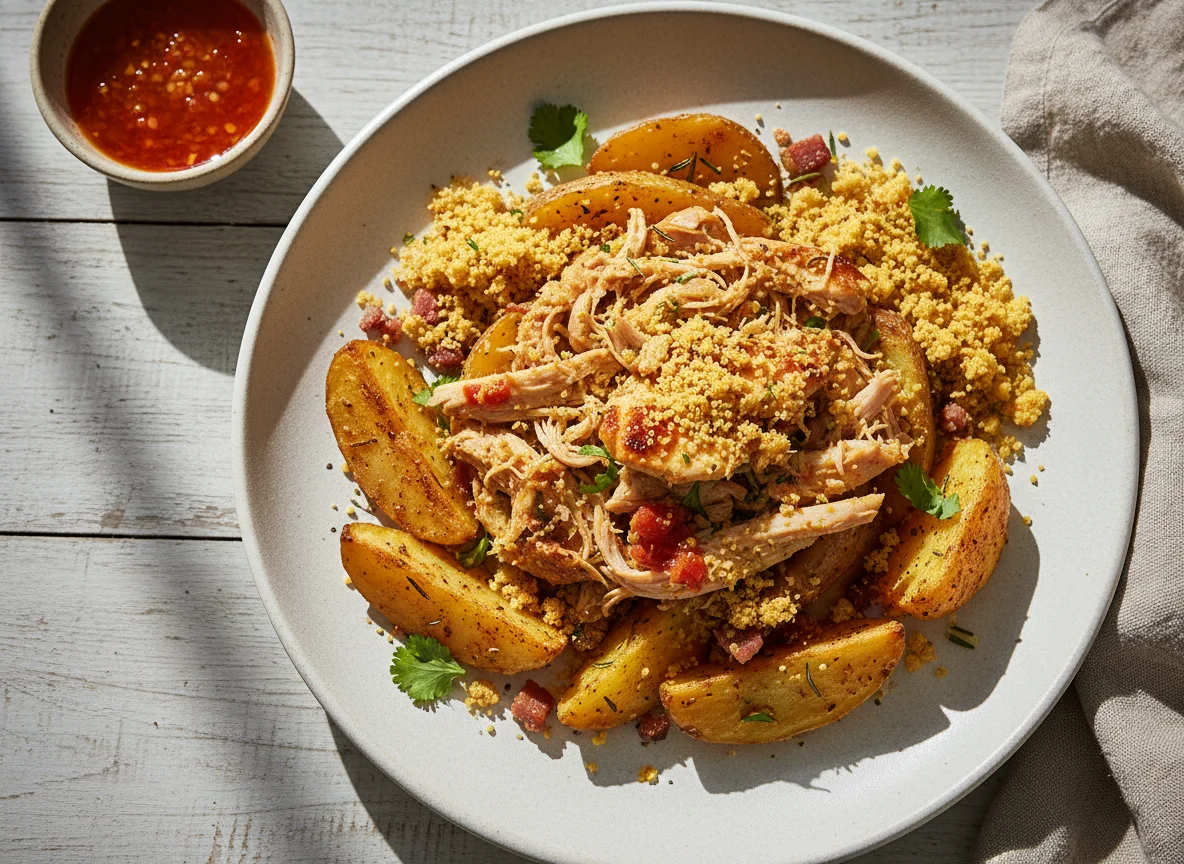 Batatas Assadas com Frango Desfiado e Farofa photo