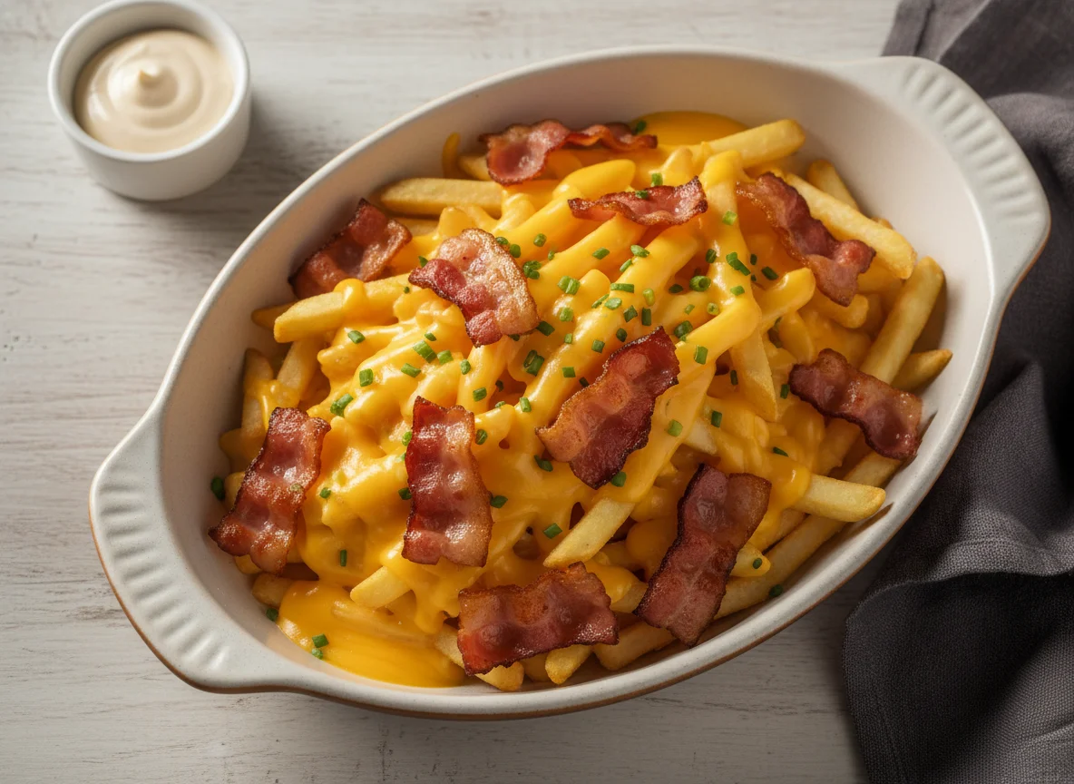 Batatas fritas com bacon e queijo photo