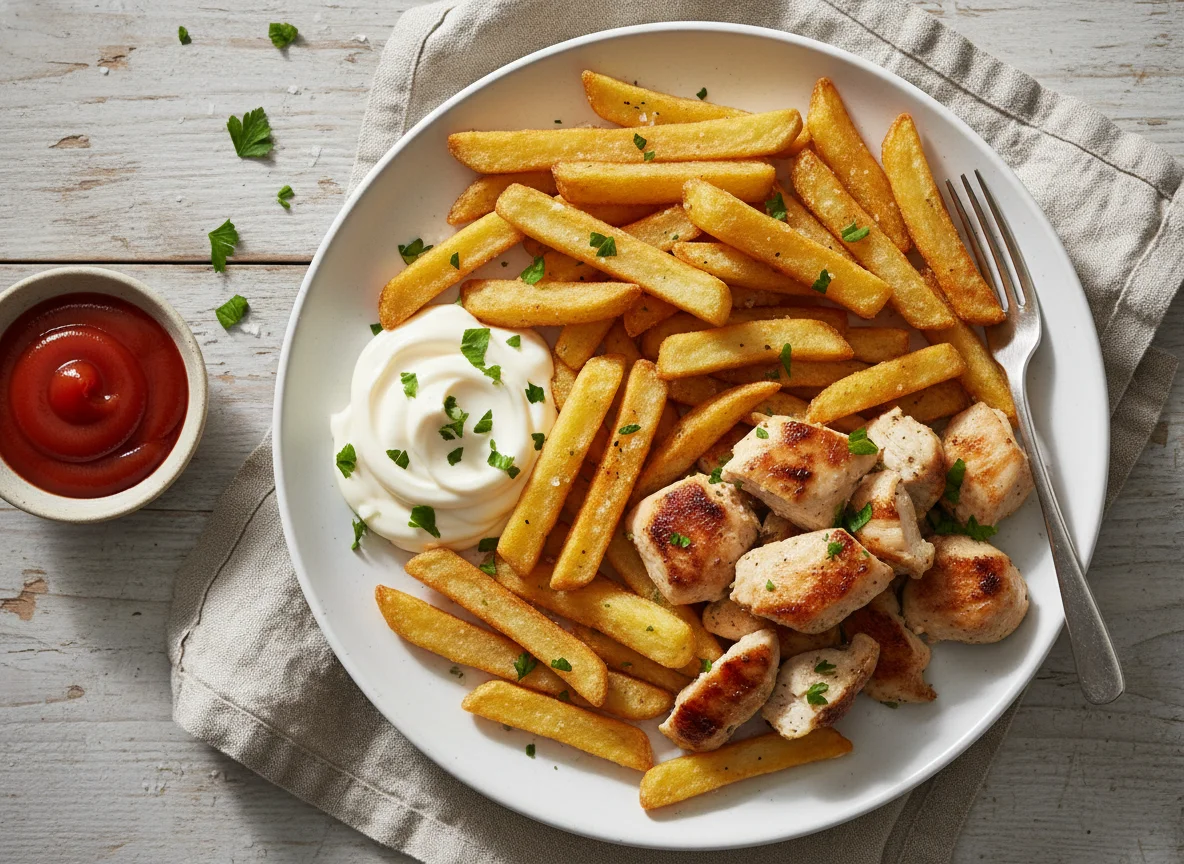 Batatas fritas com maionese e frango photo