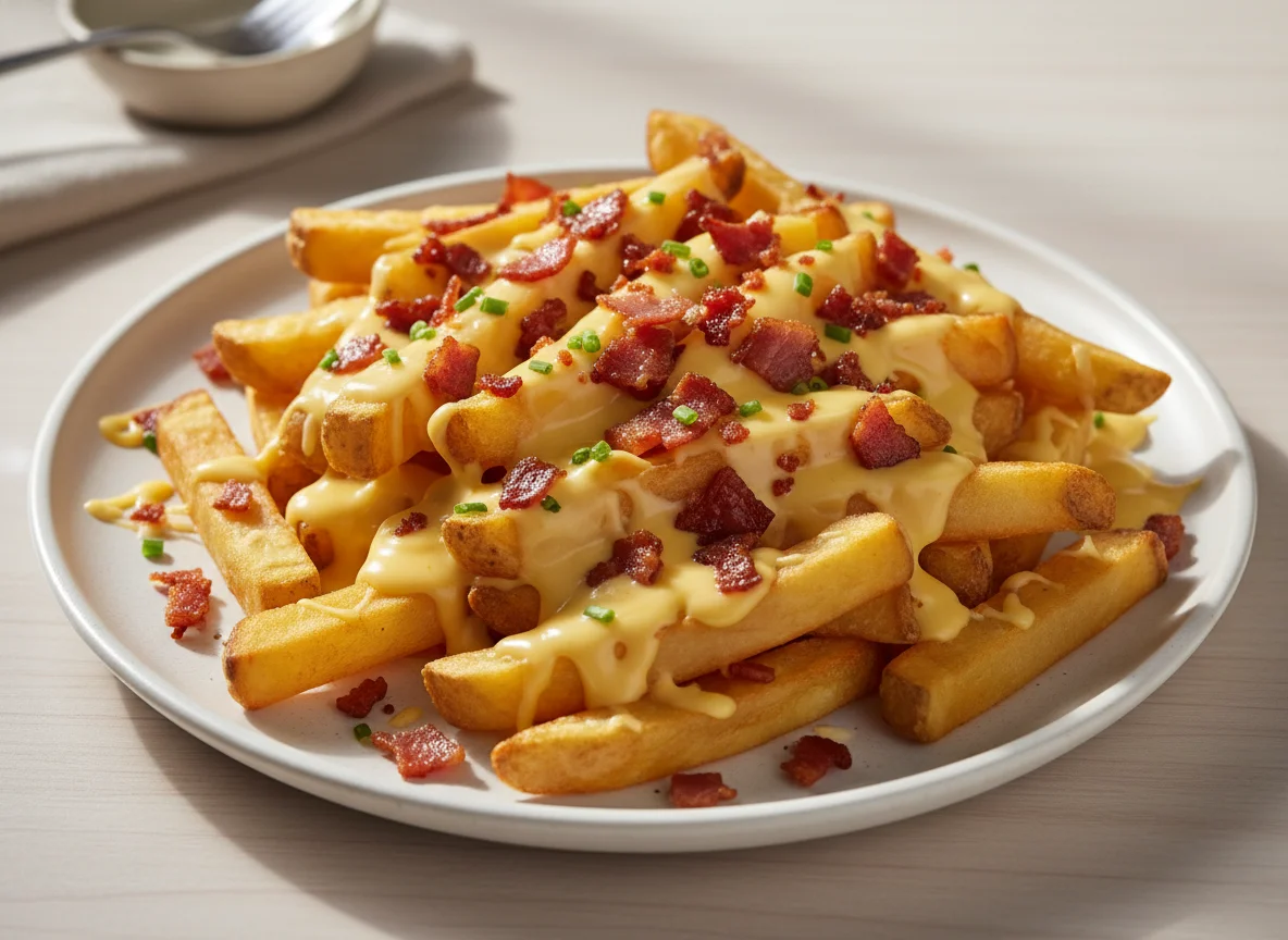 Batatas fritas com queijo e bacon photo