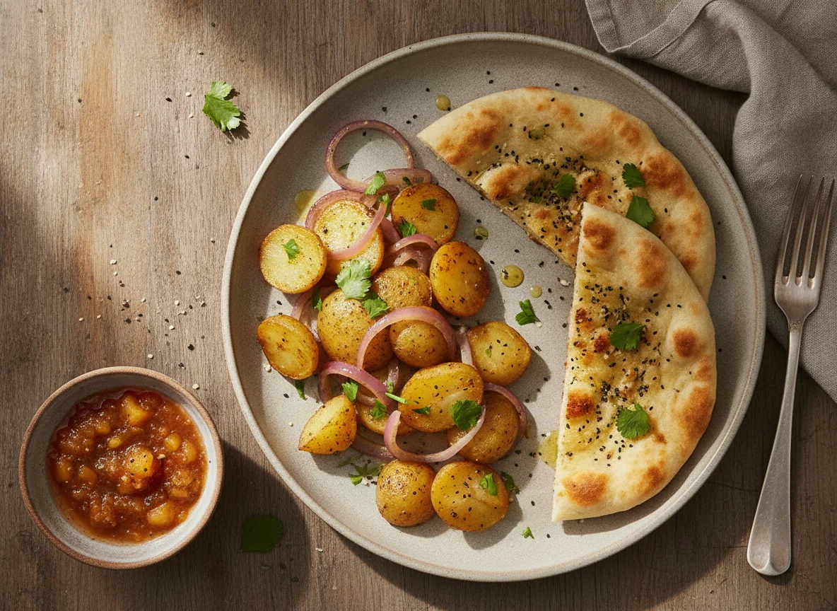 Batatas salteadas com pão naan e molho photo