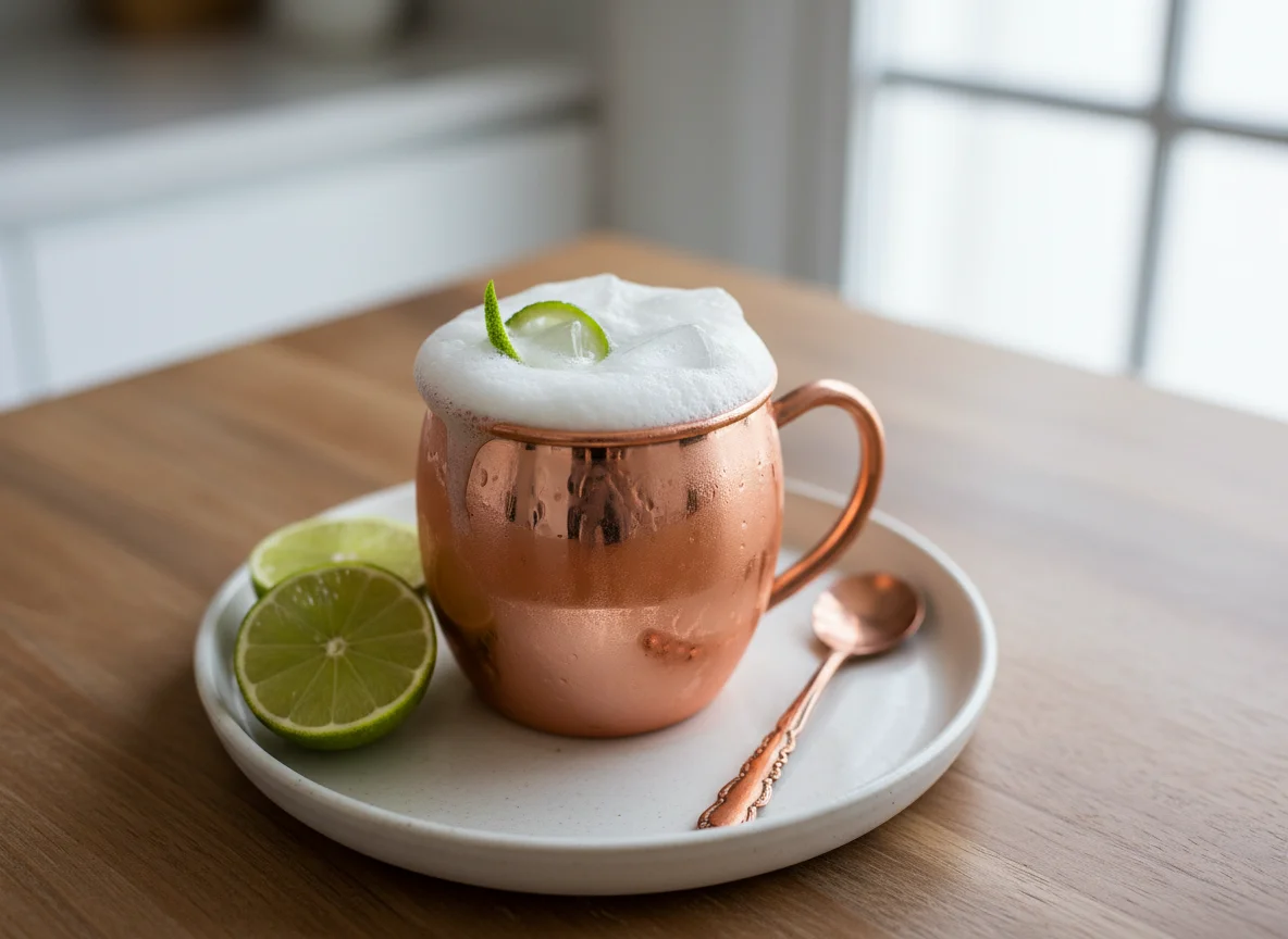 Bebida com espuma em caneca de cobre photo