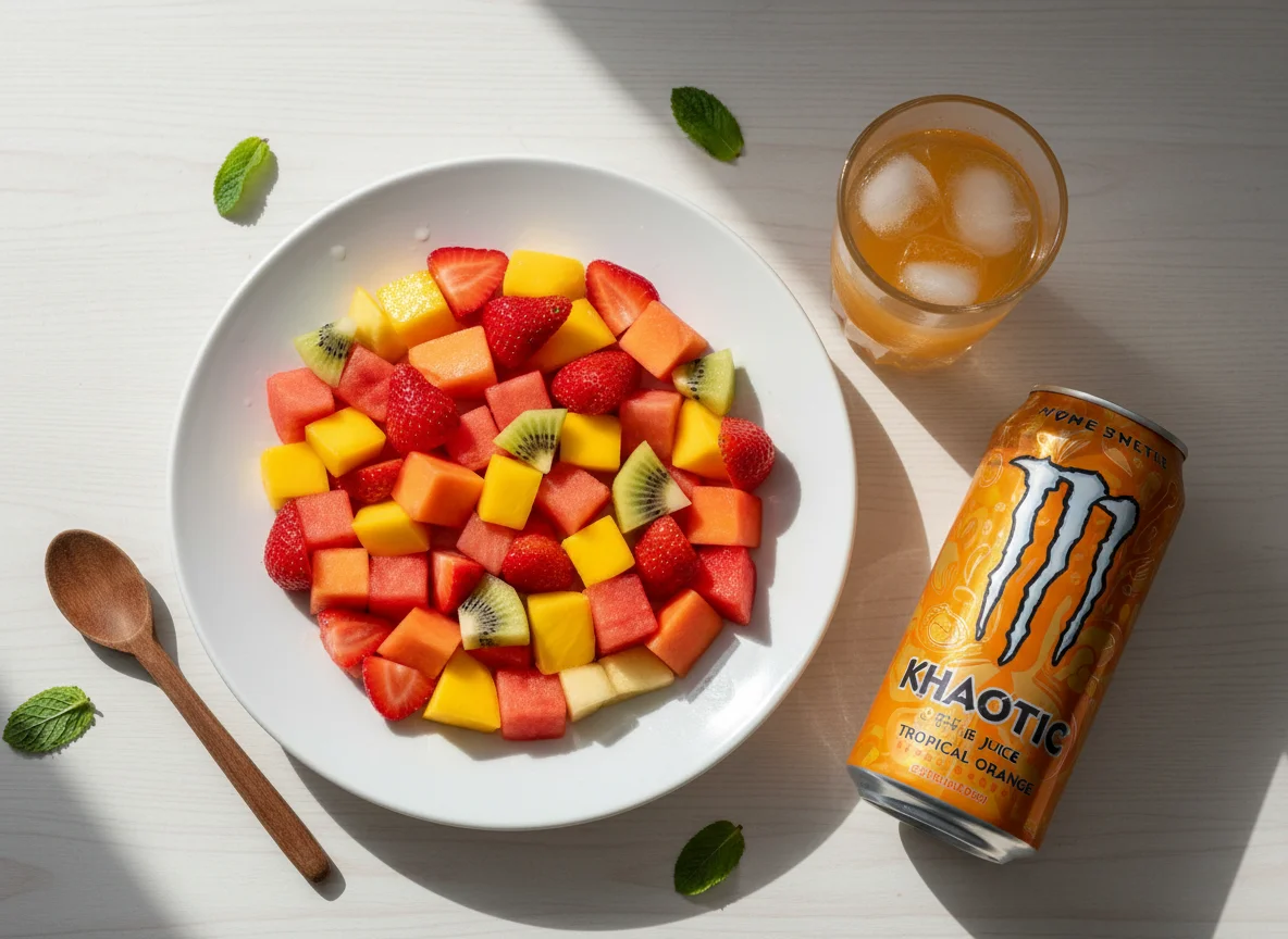 Bebida energética e salada de frutas photo