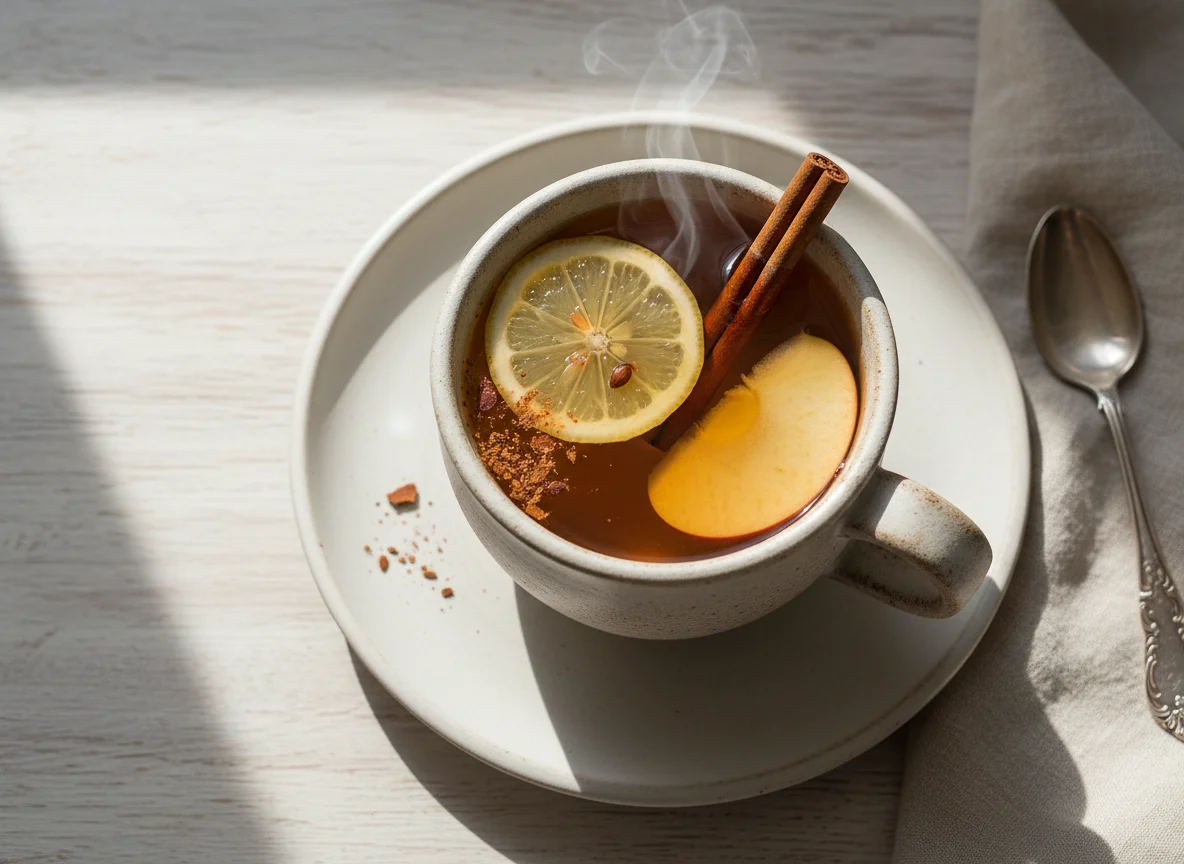 Bebida quente com canela e fruta photo