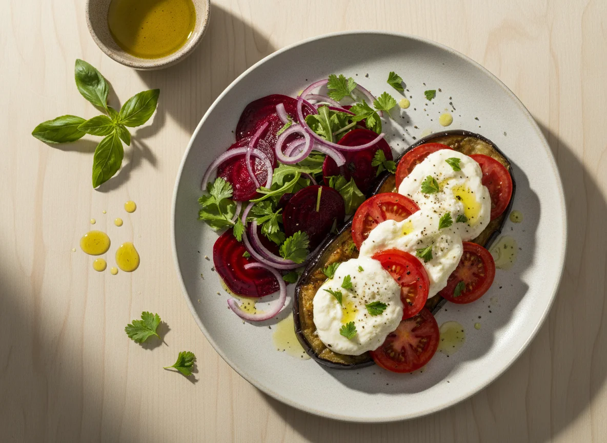 Beringela assada com queijo e salada de beterraba photo