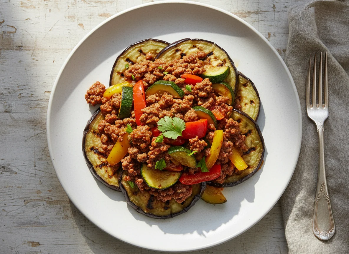 Berinjela grelhada com carne moída e legumes photo