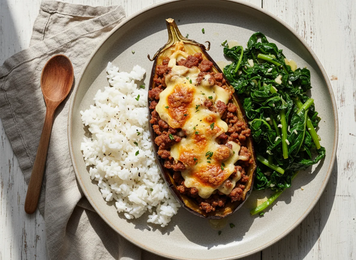 Berinjela recheada com arroz e refogado de folhas photo