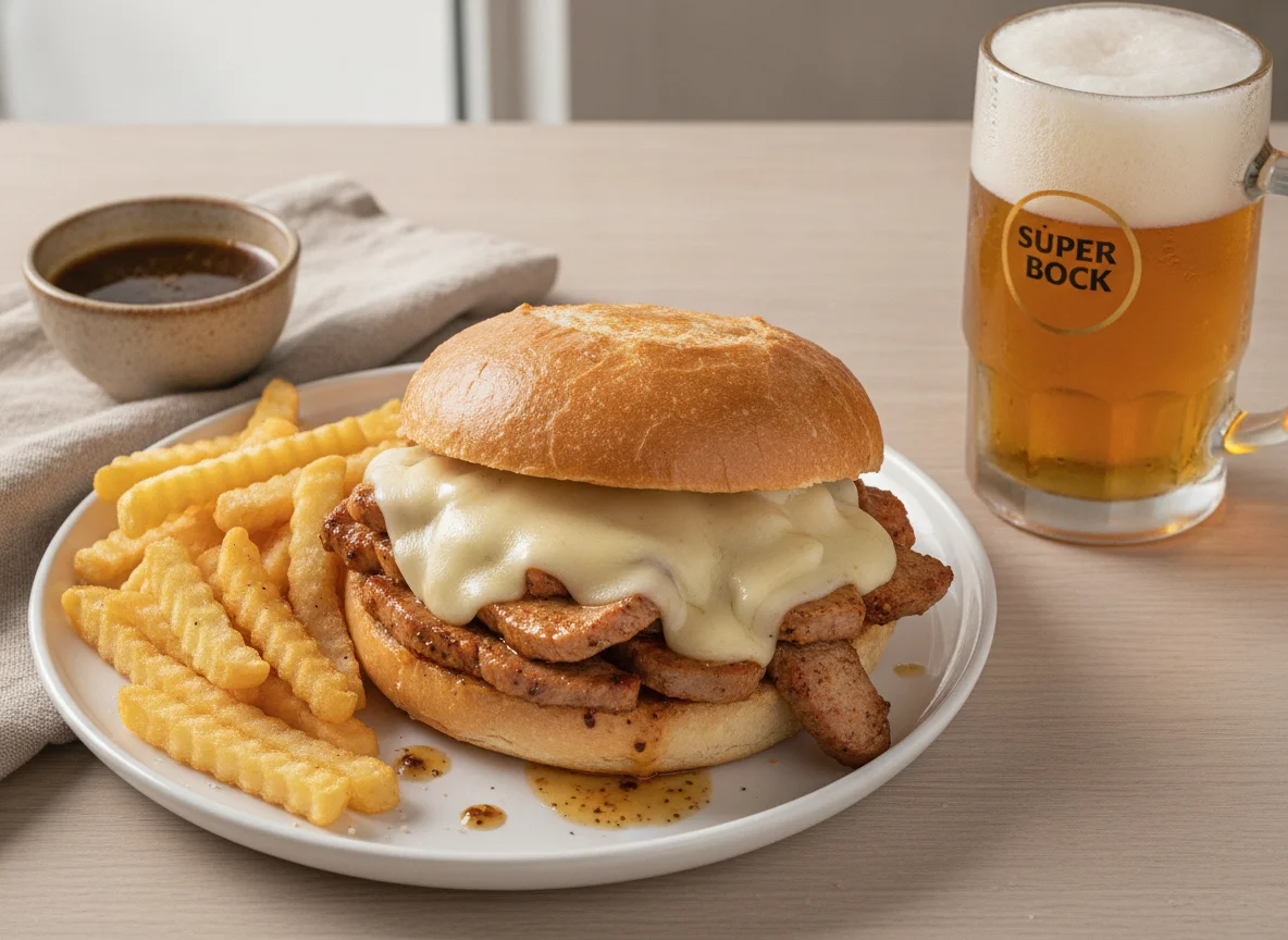 Bifana no pão com queijo, batatas fritas e cerveja photo
