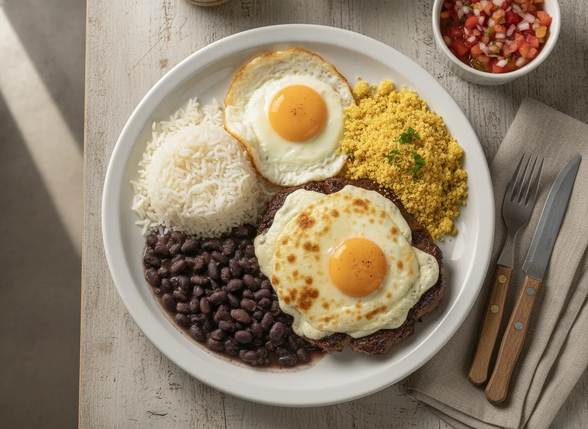 Bife a cavalo com arroz, feijão e farofa photo