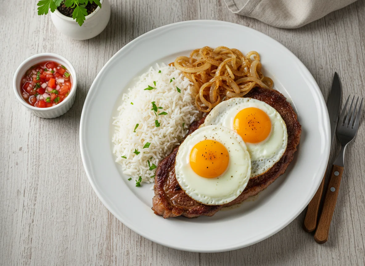 Bife a cavalo com cebola e arroz photo