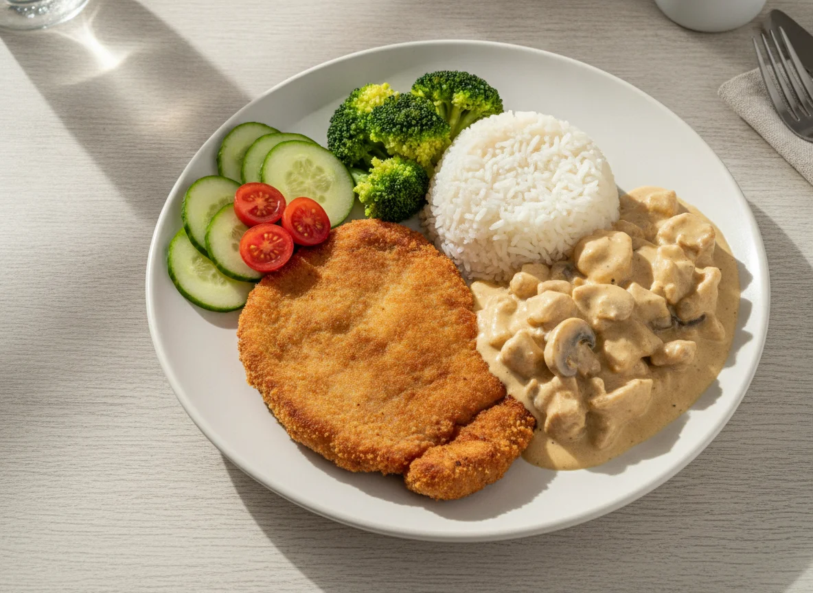 Bife à milanesa com arroz, brócolis e estrogonofe photo