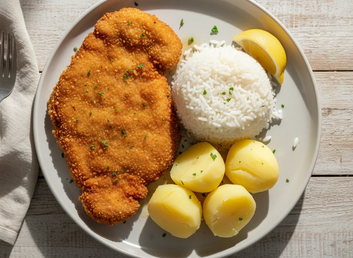 Bife à milanesa com arroz e batata cozida photo