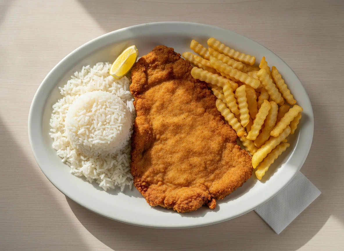 Bife à Milanesa com Arroz e Batata Frita photo