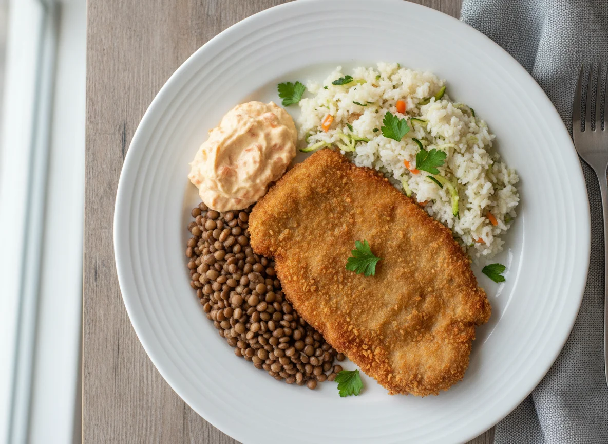 Bife a milanesa com arroz konjac, lentilha e maionese light photo
