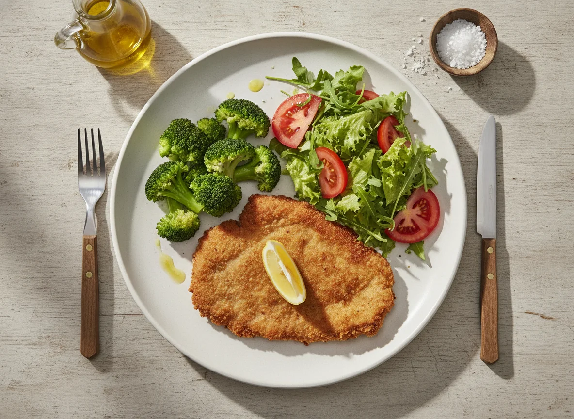 Bife à milanesa com brócolis e salada mista photo