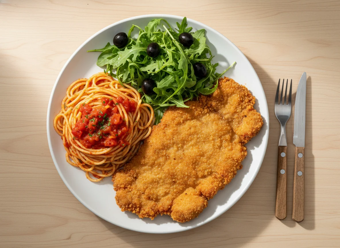 Bife à milanesa com espaguete e salada de rúcula photo