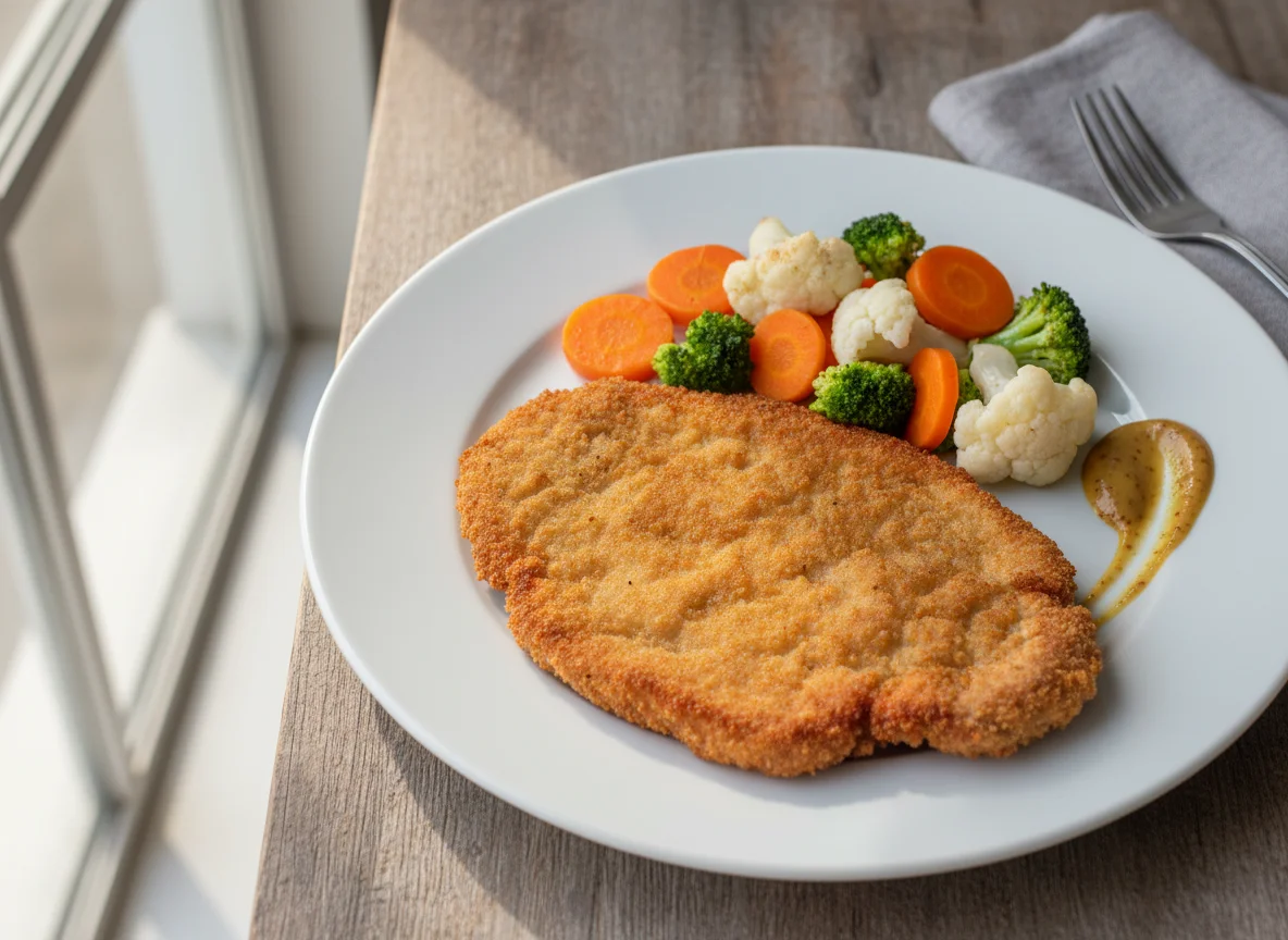 Bife à milanesa com legumes salteados photo