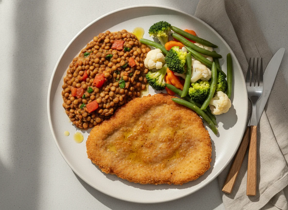 Bife à milanesa com lentilha e legumes no vapor photo