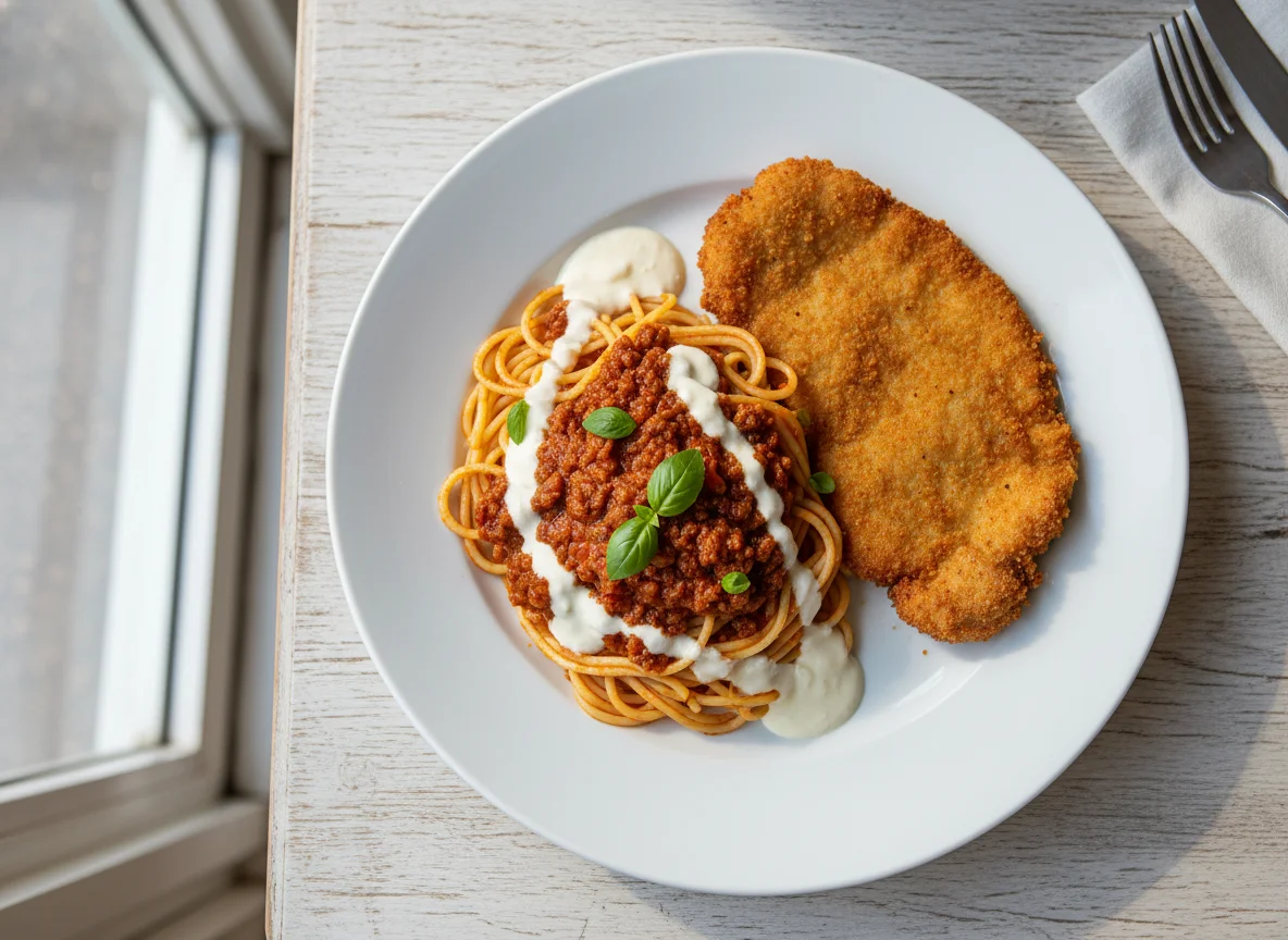 Bife à Milanesa com Macarrão ao Molho Bolonhesa e Molho Branco photo