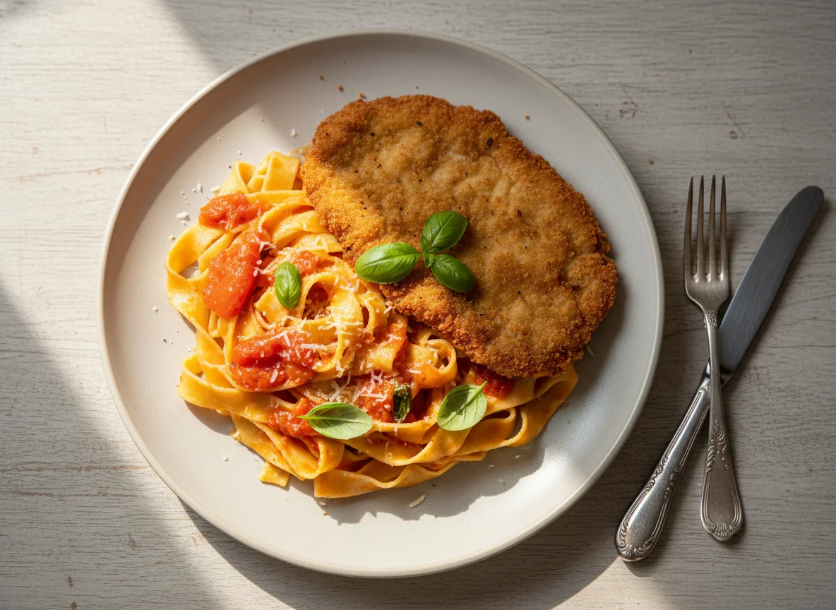 Bife à milanesa com massa ao sugo photo