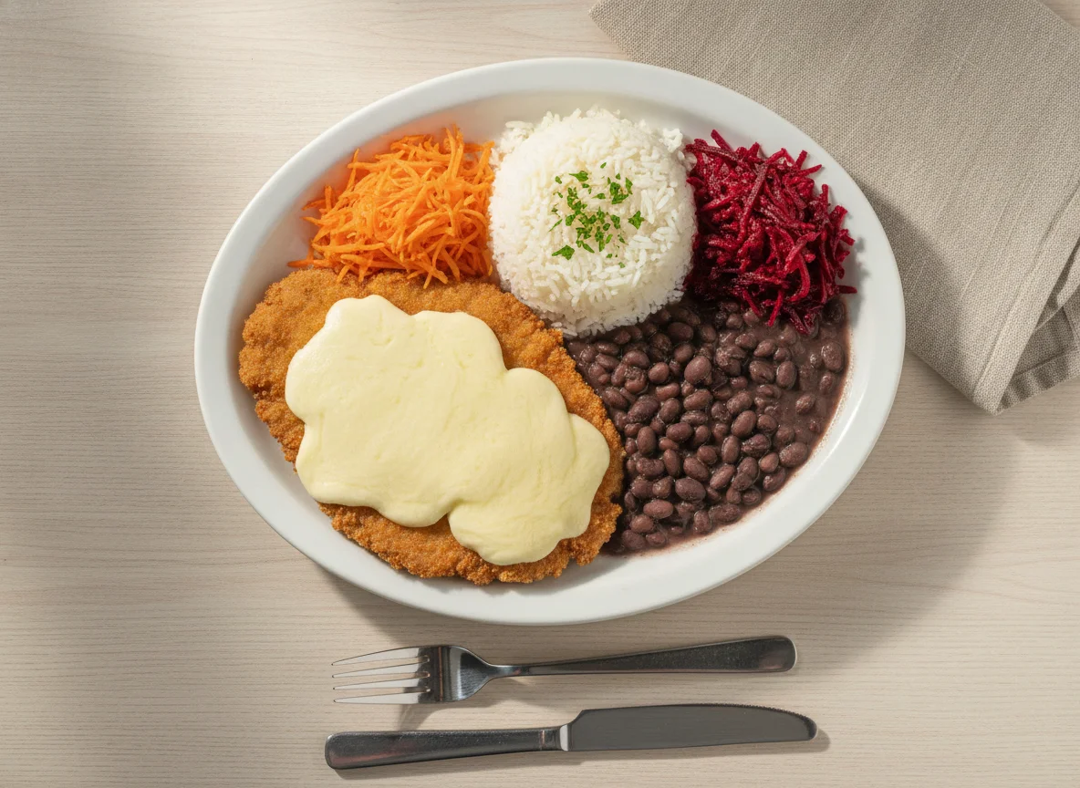 Bife à milanesa com queijo, arroz, feijão, cenoura e beterraba photo