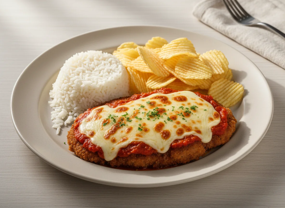 Bife à Parmegiana com Arroz e Batata Chips photo
