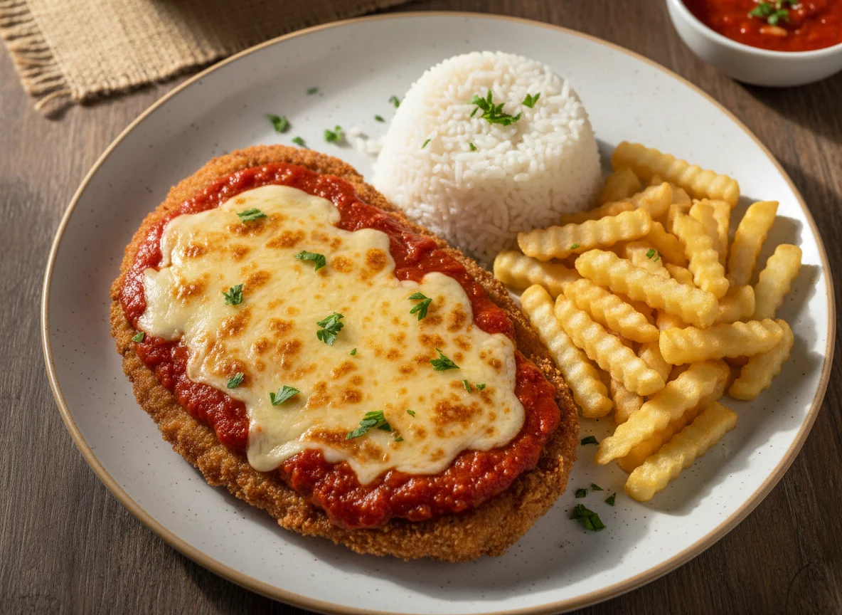 Bife à Parmegiana com Arroz e Batata Frita photo