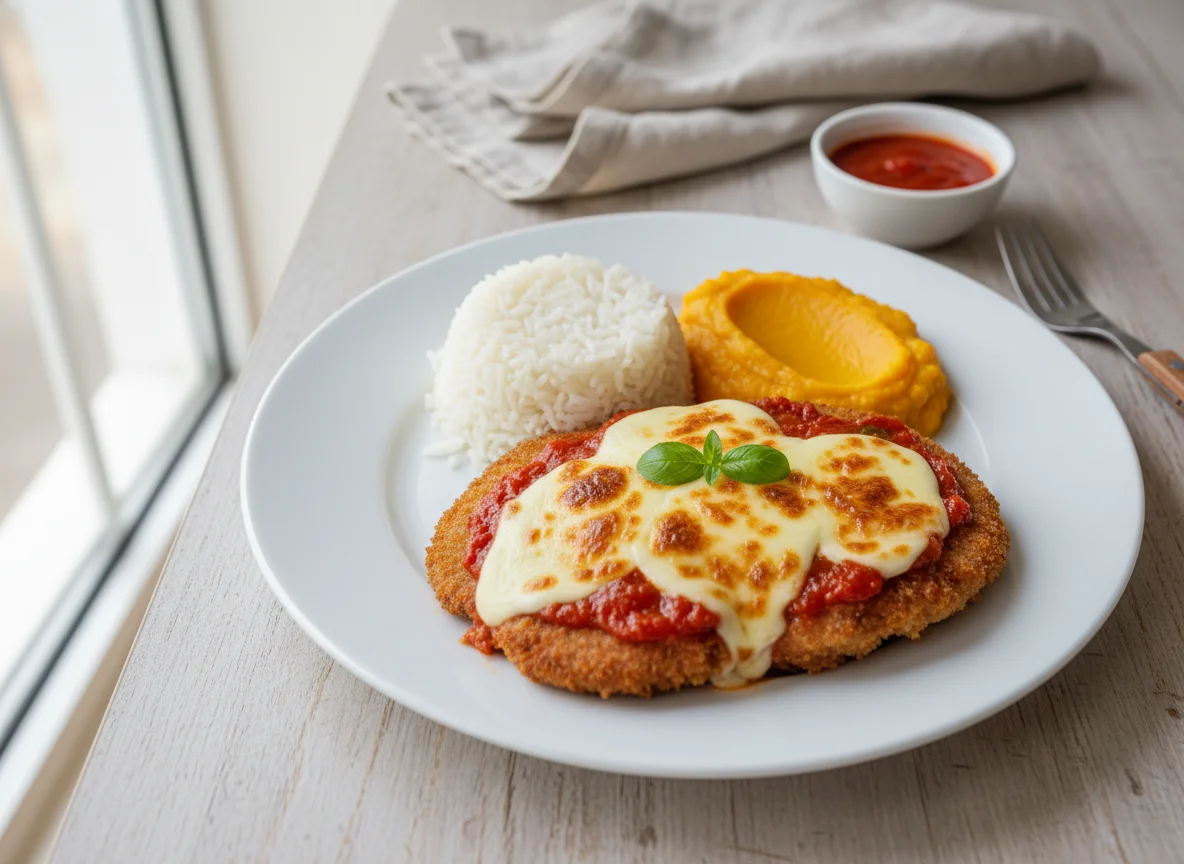 Bife à Parmegiana com Arroz e Purê de Abóbora photo