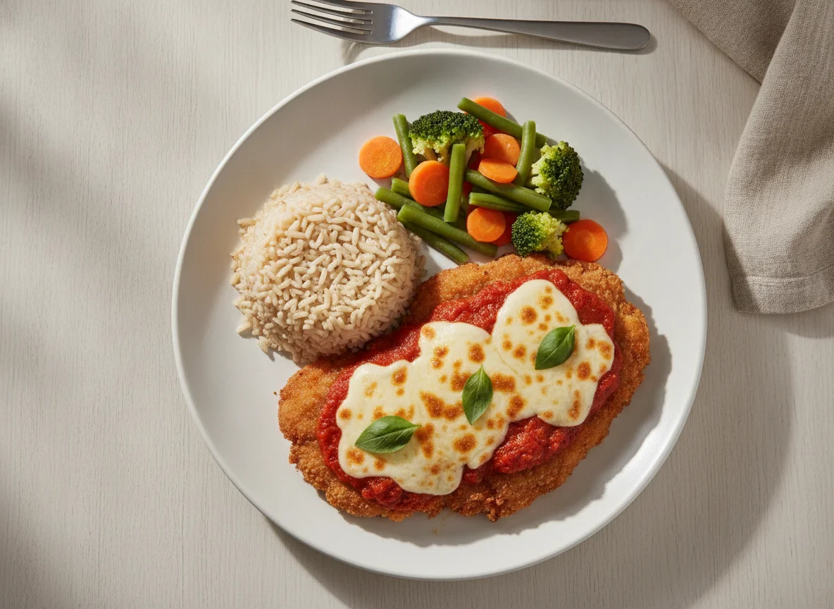 Bife à Parmegiana com Arroz Integral e Legumes photo