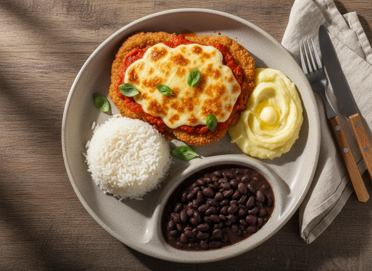 Bife à Parmegiana com Arroz, Purê de Batata e Feijão photo