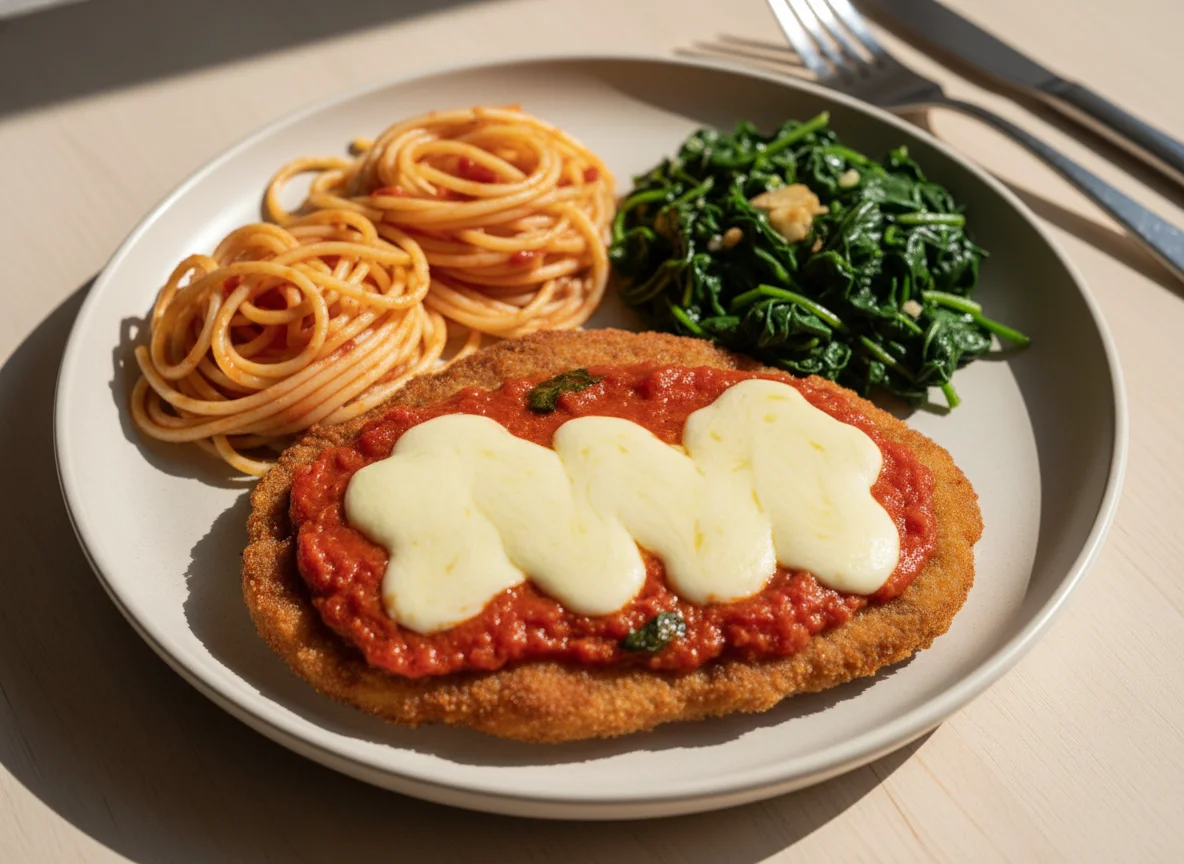 Bife à Parmegiana com Macarrão e Espinafre photo