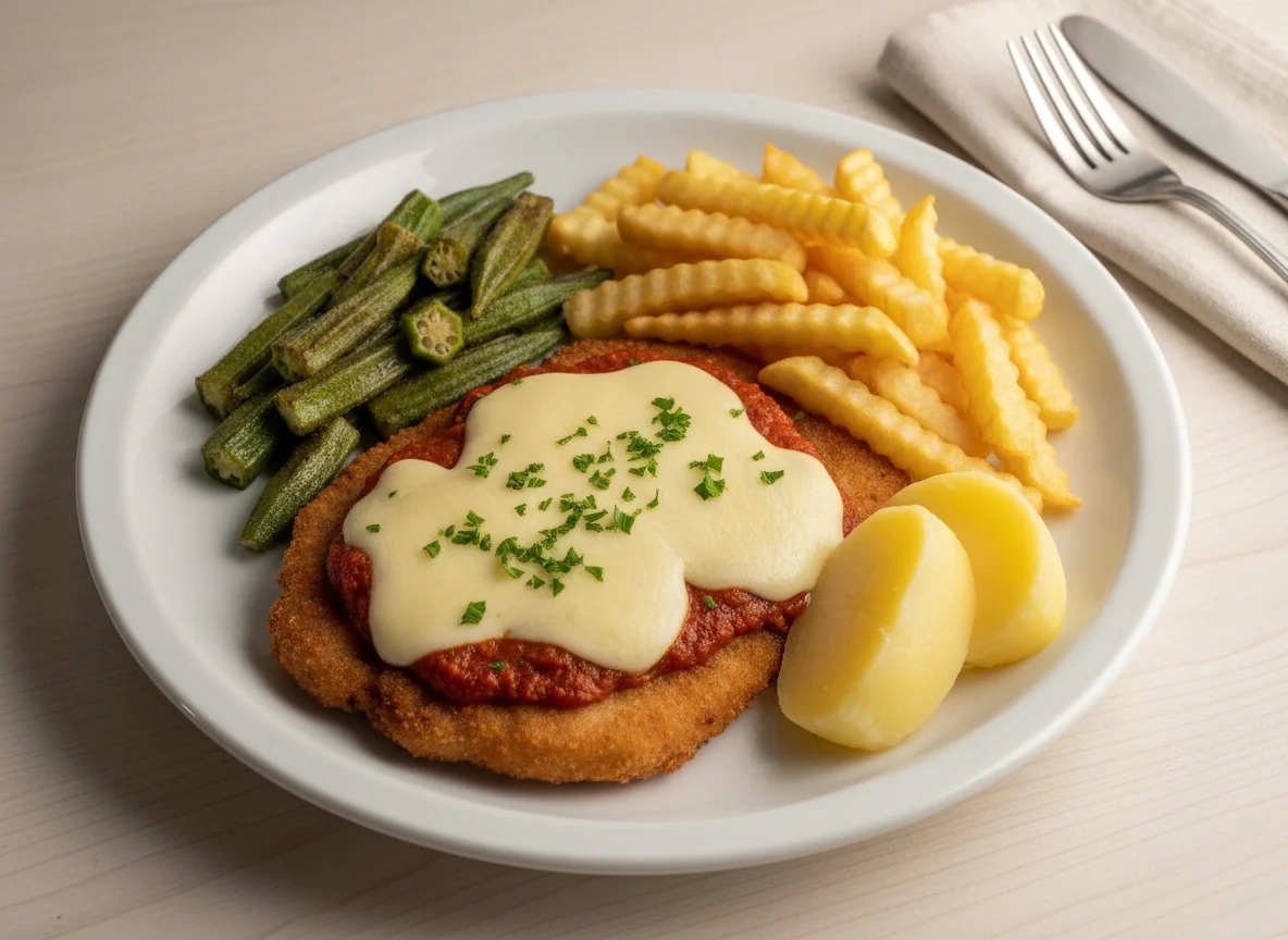 Bife à Parmegiana com Quiabo e Batata Frita photo