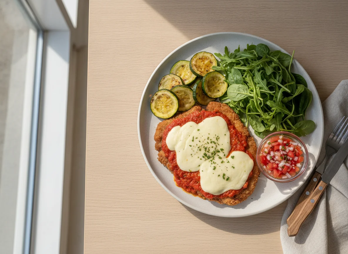 Bife à Parmegiana com Salada e Abobrinha photo