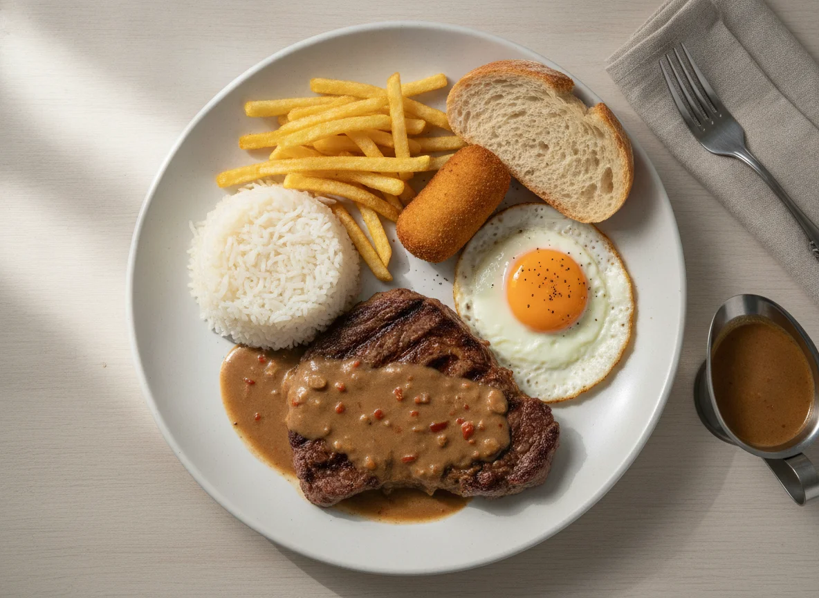 Bife à Portugália com Arroz, Batata Frita, Ovo Estrelado, Pão e Croquete photo