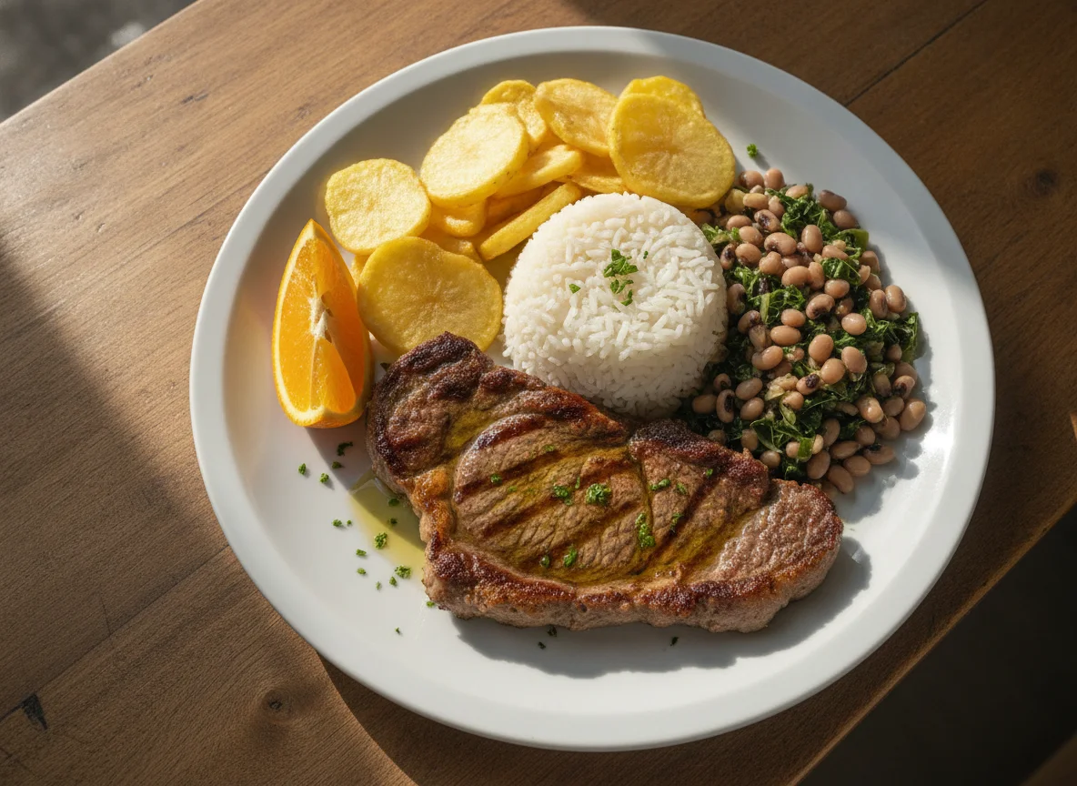Bife à Portuguesa com Arroz, Batata Frita e Feijão Frade photo