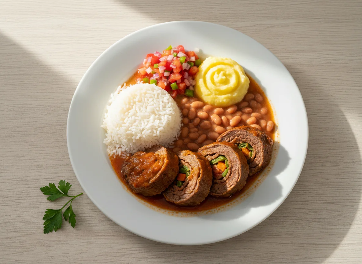 Bife à rolê com arroz, feijão, purê de batata e vinagrete photo