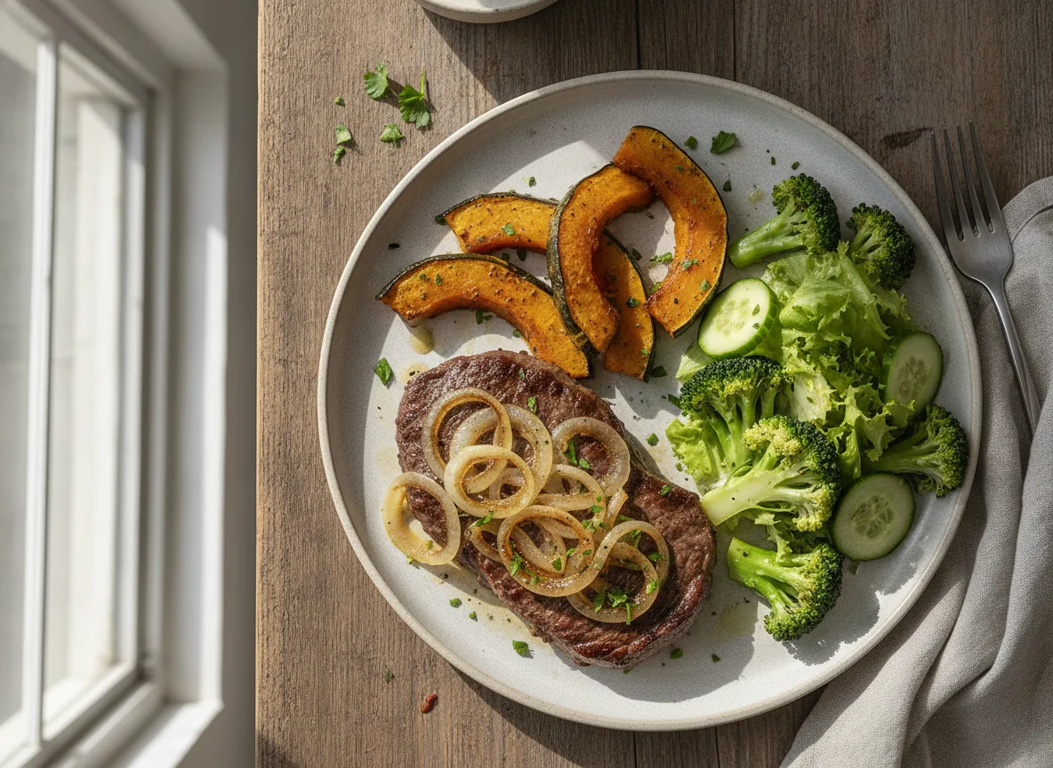 Bife acebolado com abóbora assada e salada photo