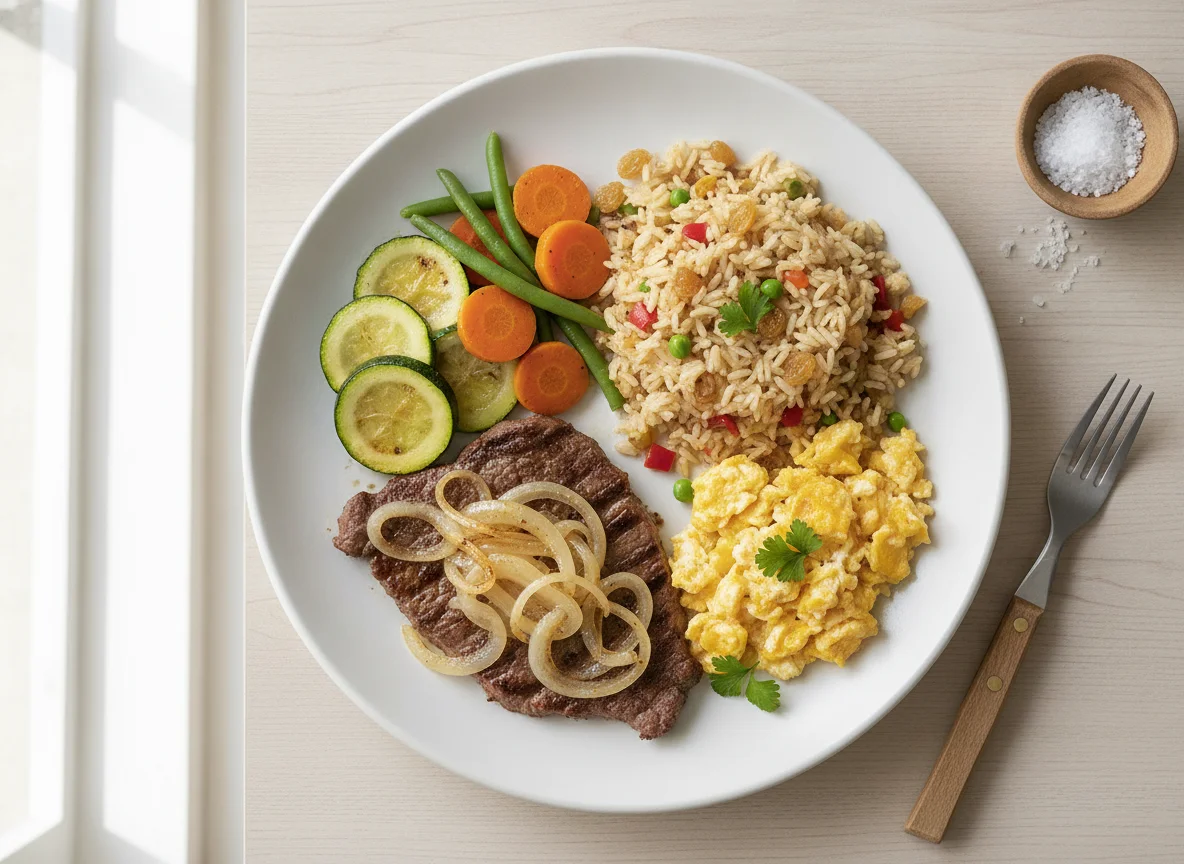 Bife acebolado com arroz à grega, ovos e legumes photo